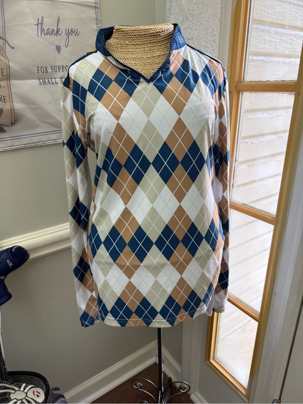 Ladies long sleeve equestrian sunshirt with argyle pattern